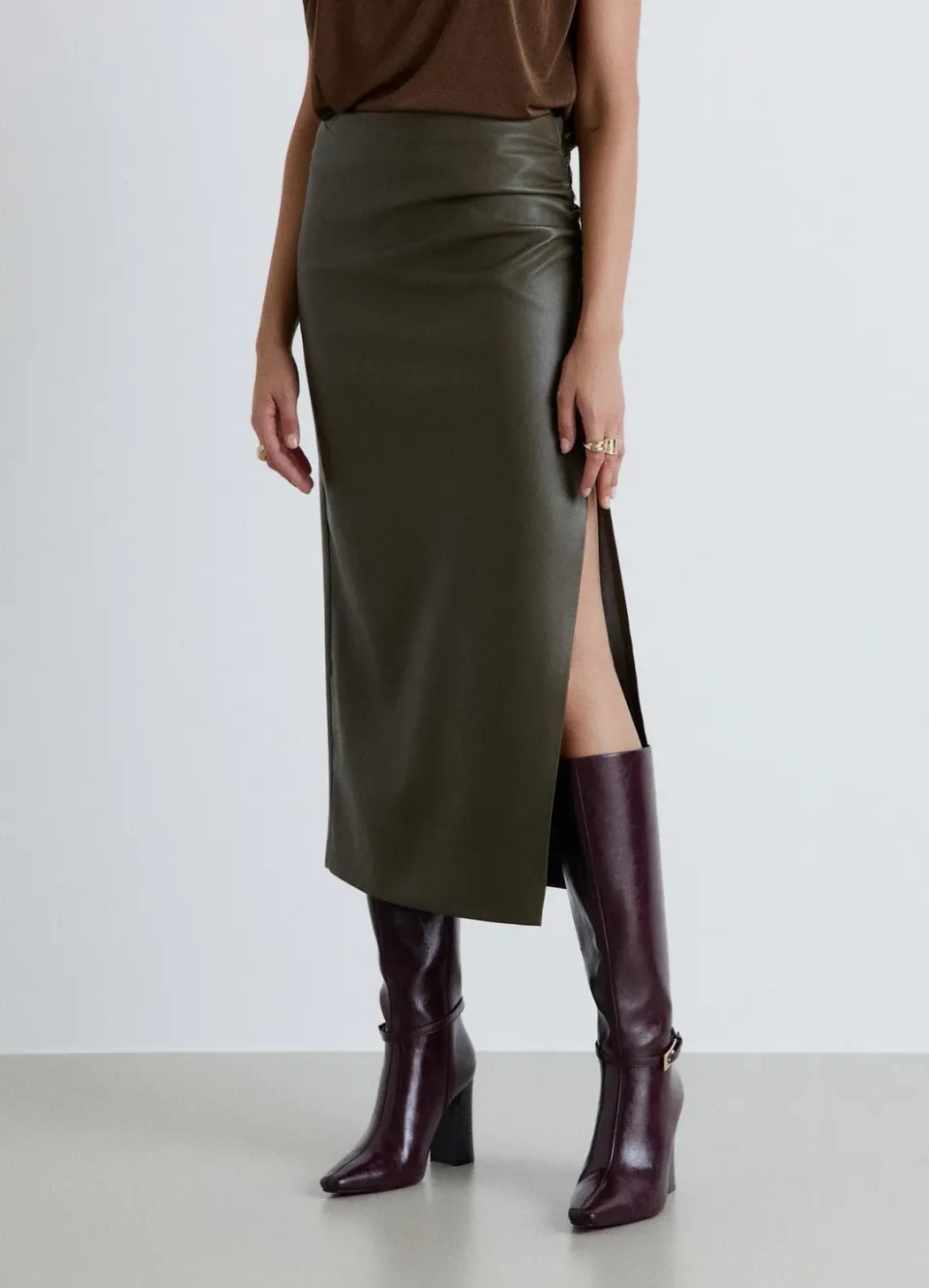 Calliope jupe midi effet cuir fente femme unie