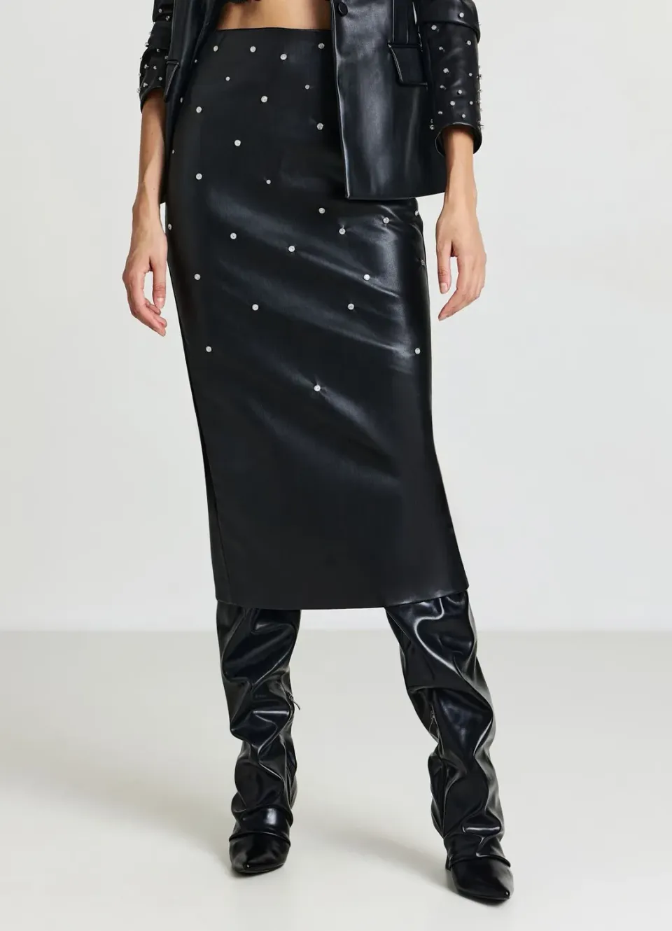 Calliope Strass jupe longuette simili cuir fendue