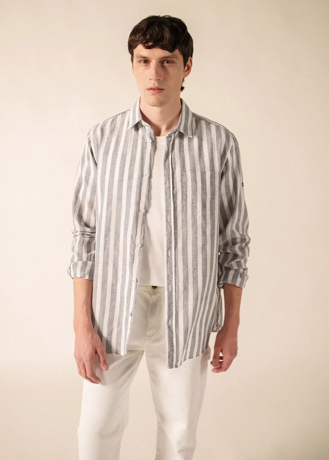Saint James Jonas chemise rayée BLANC/AMIRAL coton lin