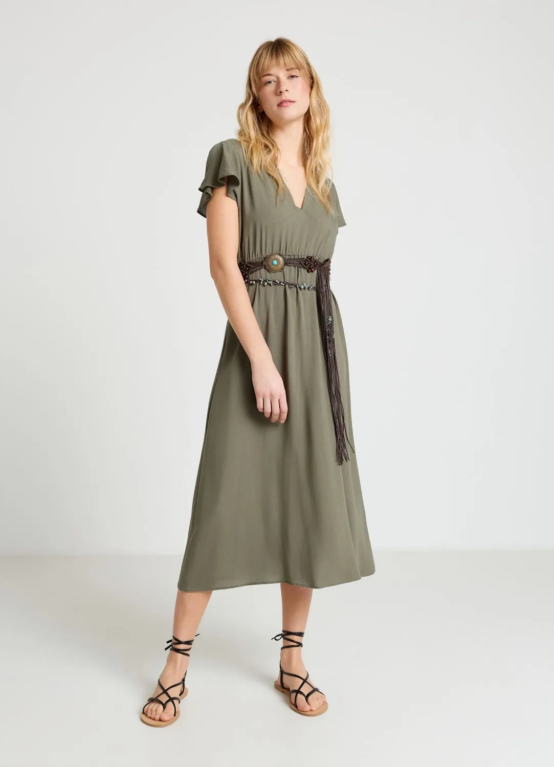 Calliope Atelier Robe femme col V volants évasée