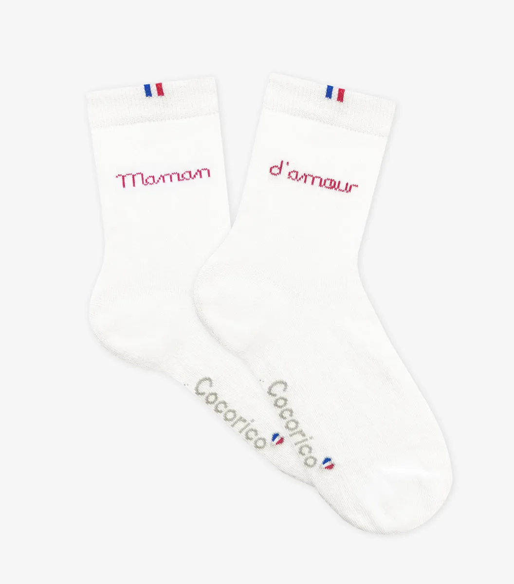 Cocorico Maman d'Amour chaussettes femme blanc coton