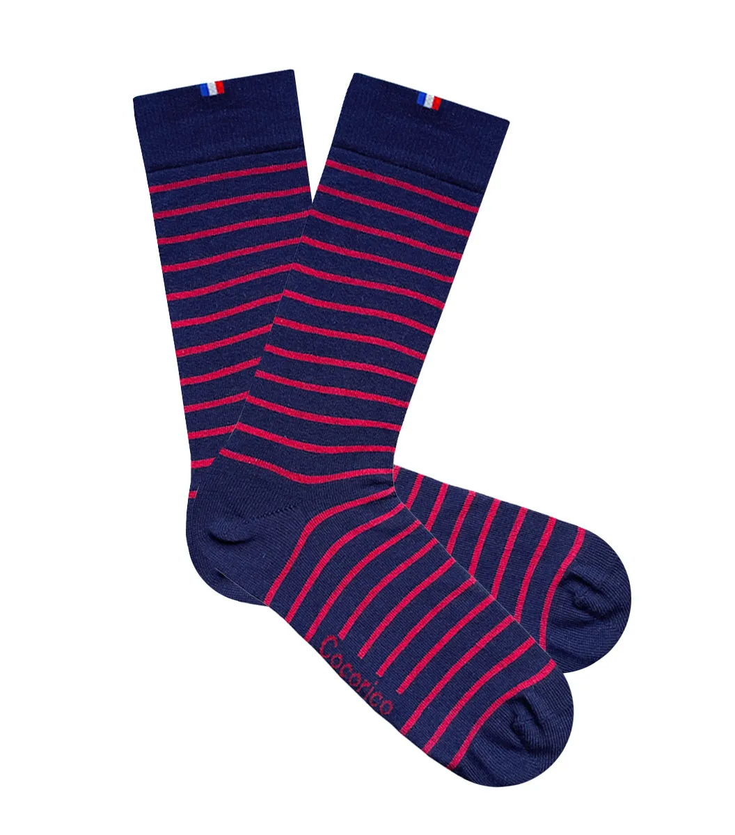 Cocorico Chaussettes Homme Rayées Marine Rouge coton