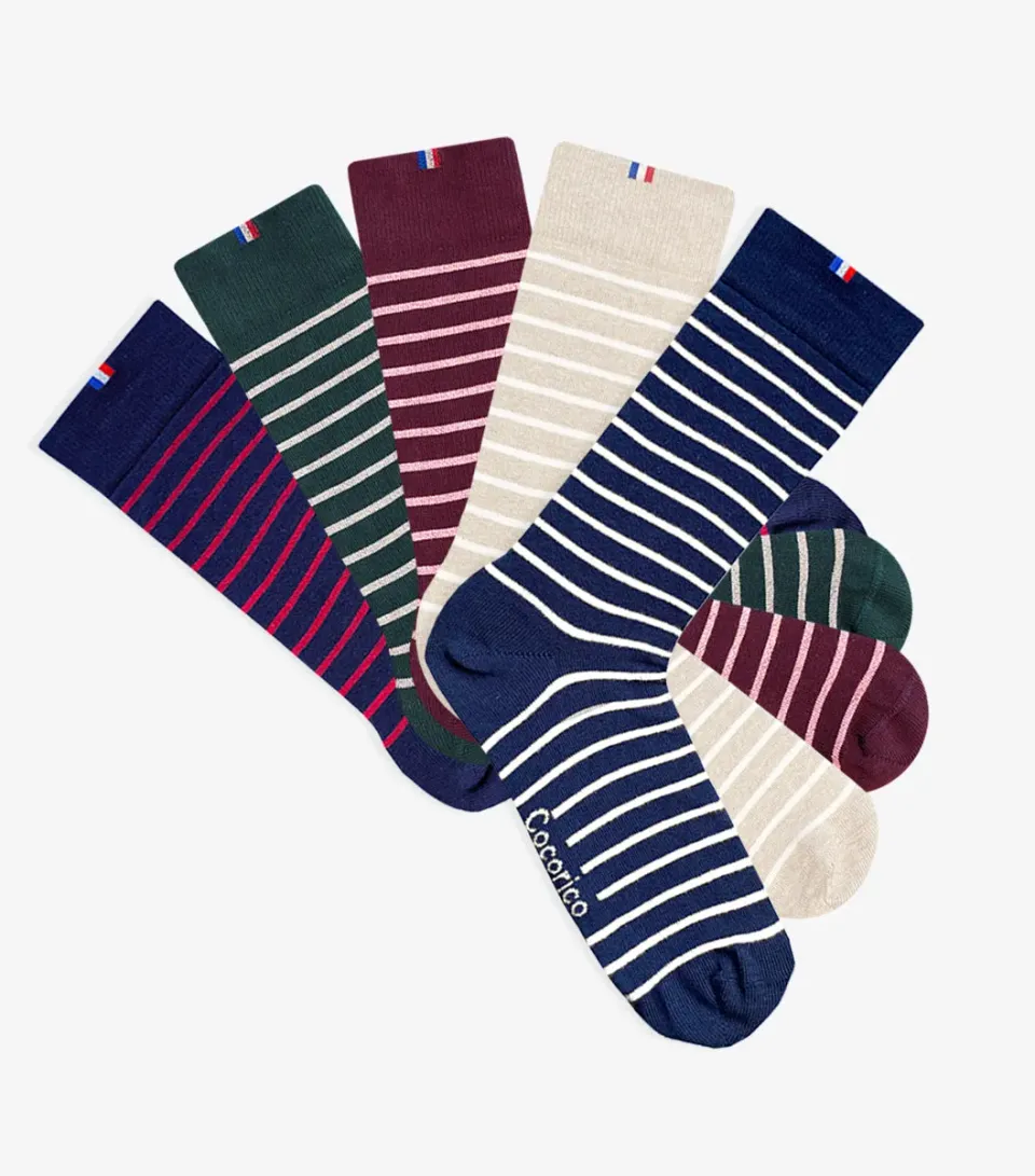 Cocorico Pack chaussettes homme rayé x5 coton
