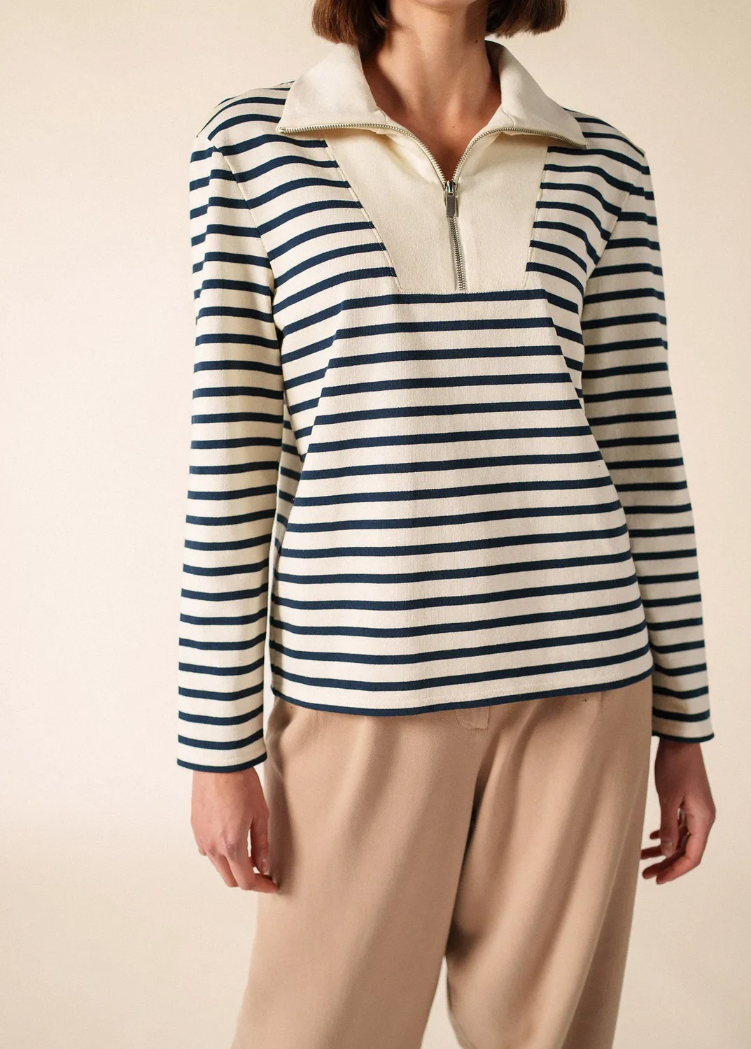 Saint James Leran marinière écru/marine col zippé