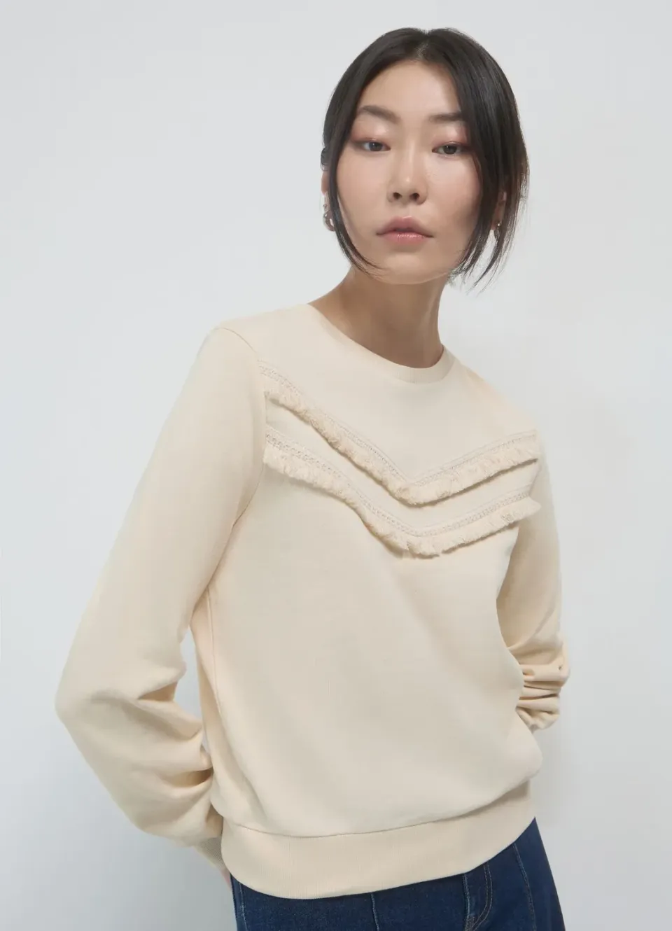 Calliope pull coton femme col rond franges