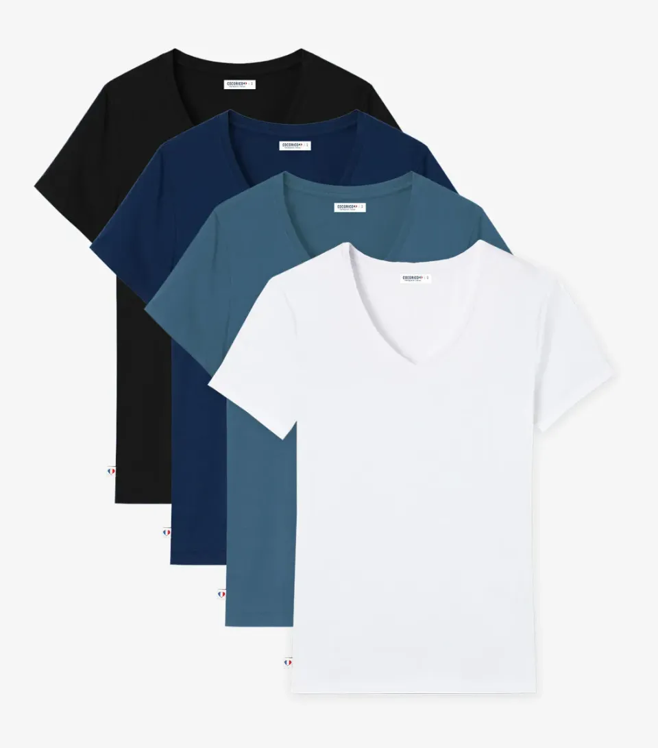 Cocorico Col V T-shirt femme marine blanc noir azur x4 coton