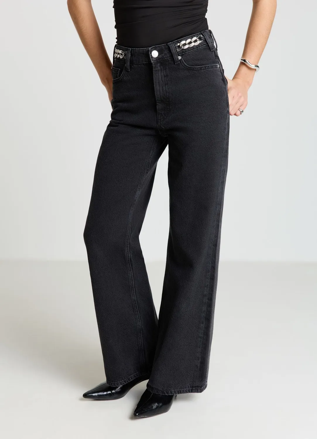 Calliope Wide Leg jean femme large chaîne strass