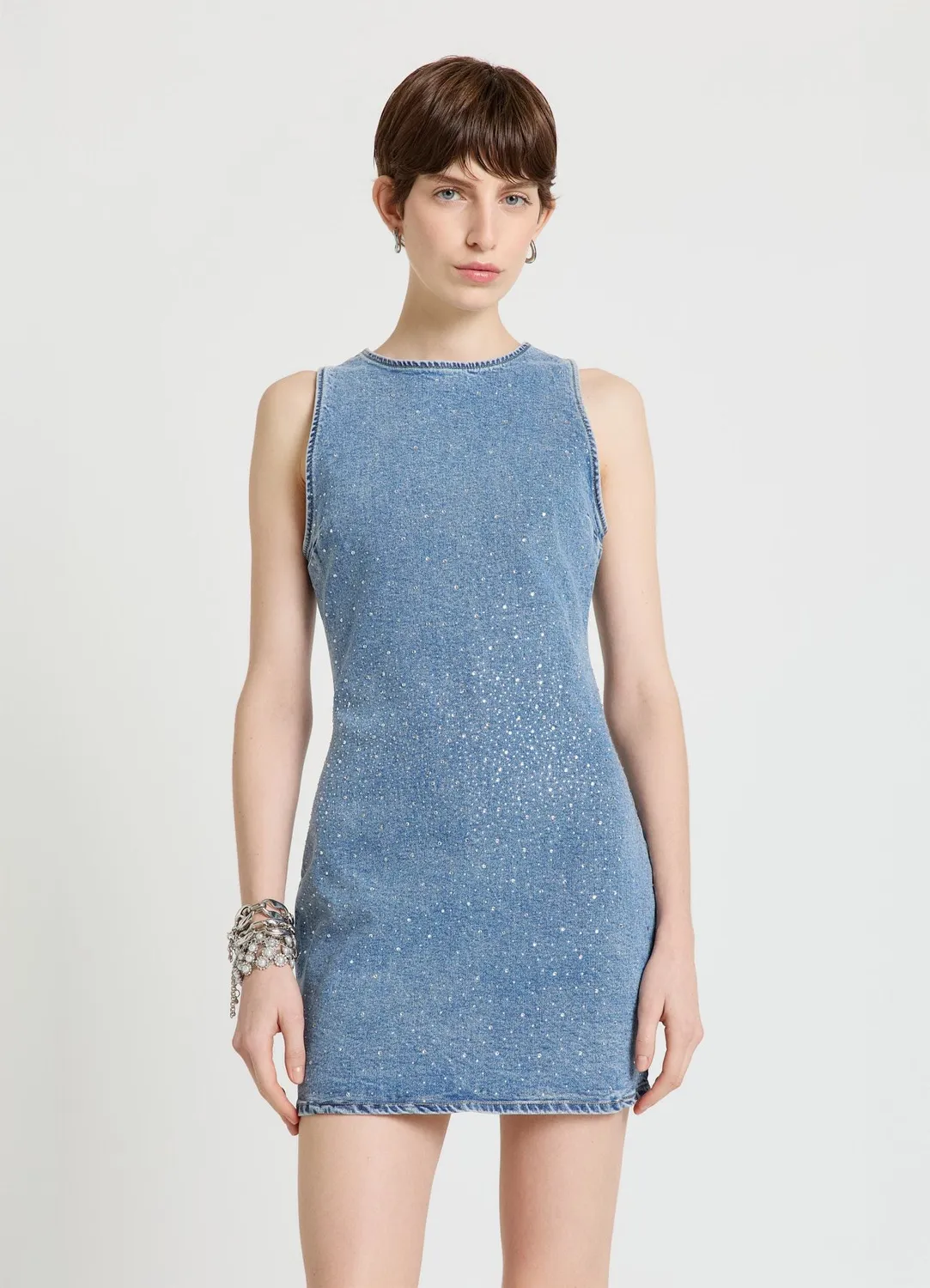 Calliope robe denim courte strass femme sans manches