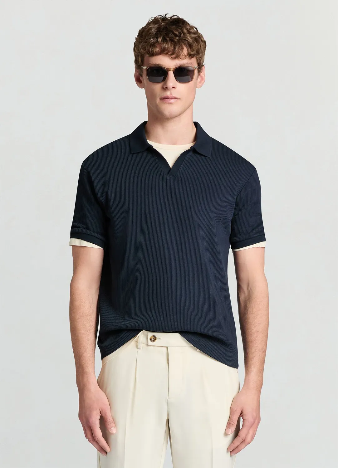 Calliope polo homme L col V manches courtes côtelé
