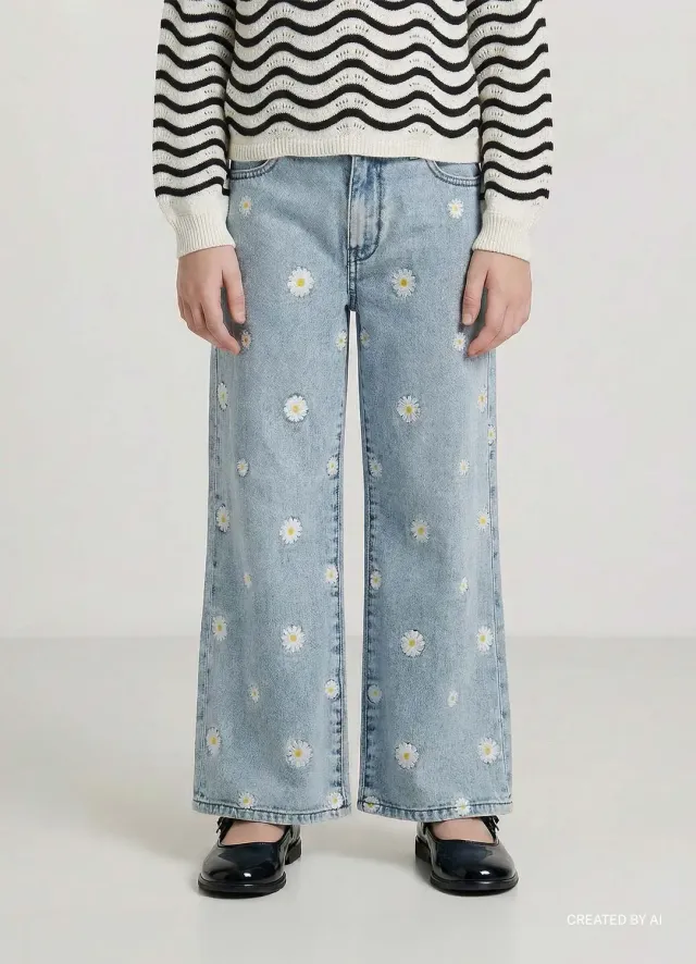 Calliope jean crop fille broderie marguerites