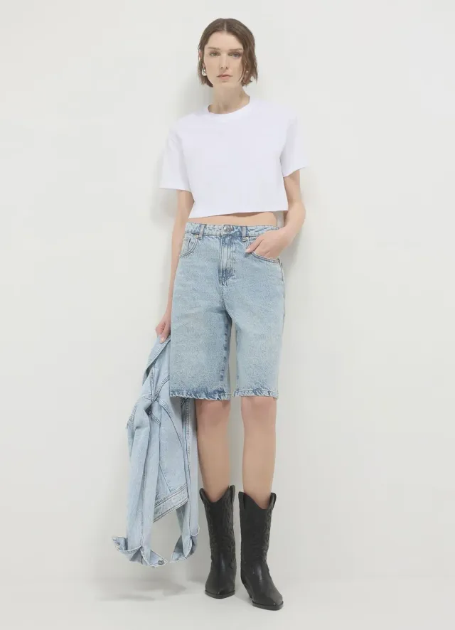 Calliope T-shirt crop coton femme uni manches courtes