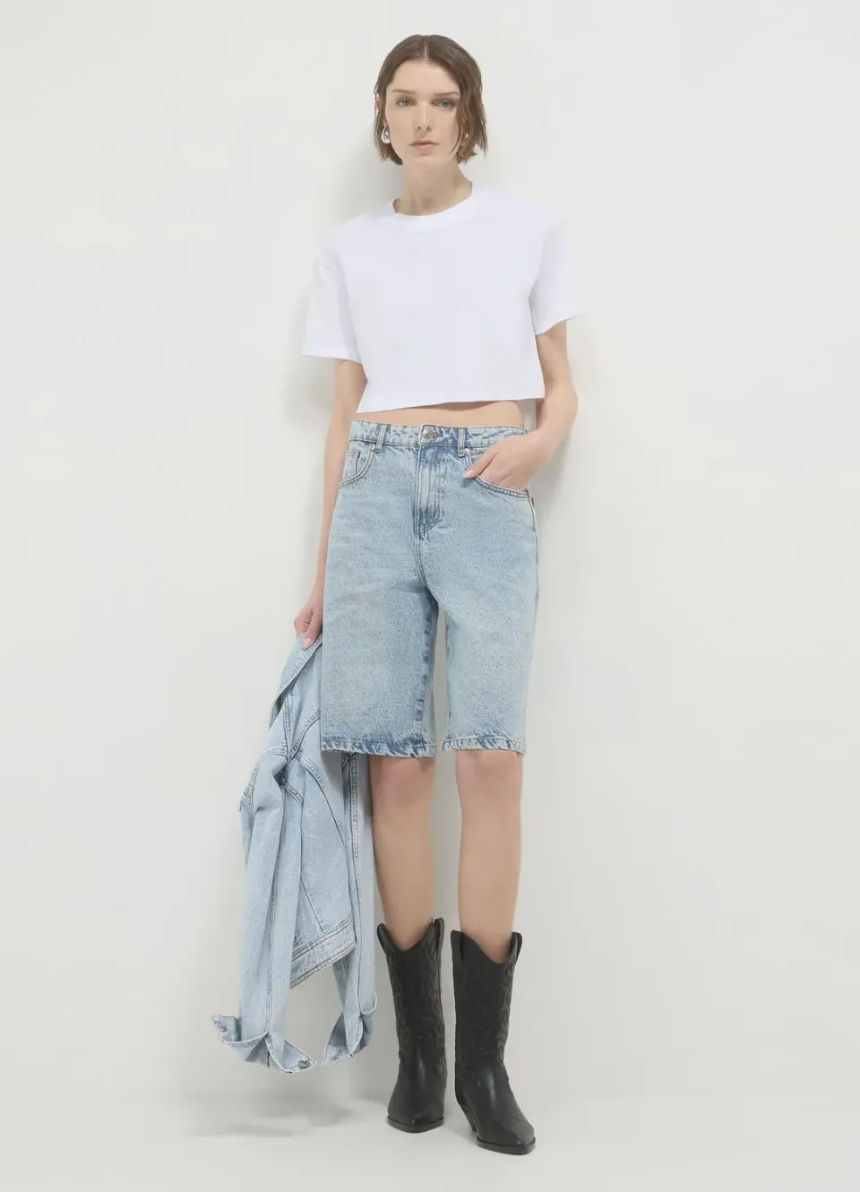 Calliope T-shirt crop coton femme uni manches courtes