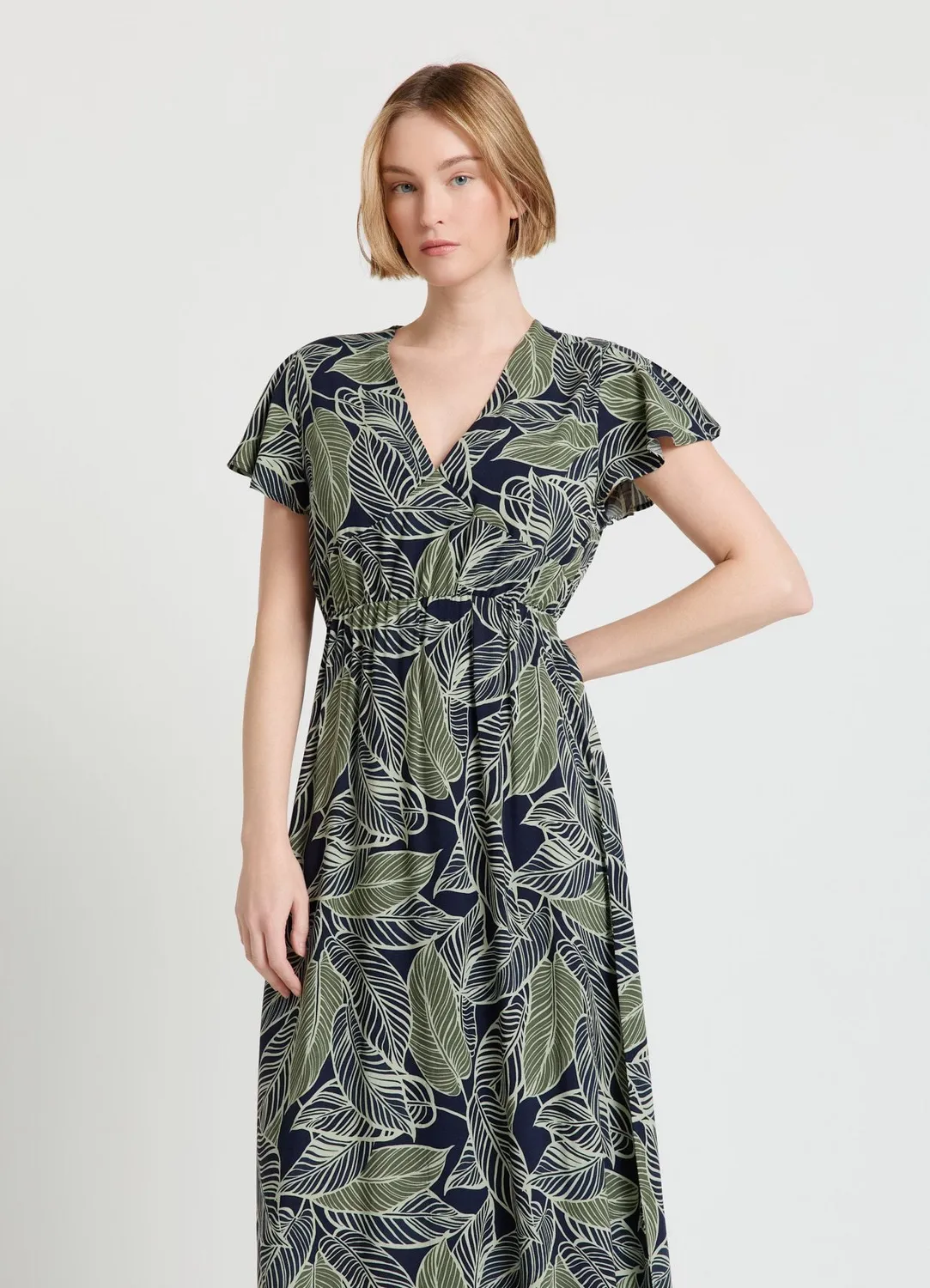 Calliope robe longue imprimé feuilles col V XS-XXL fluide