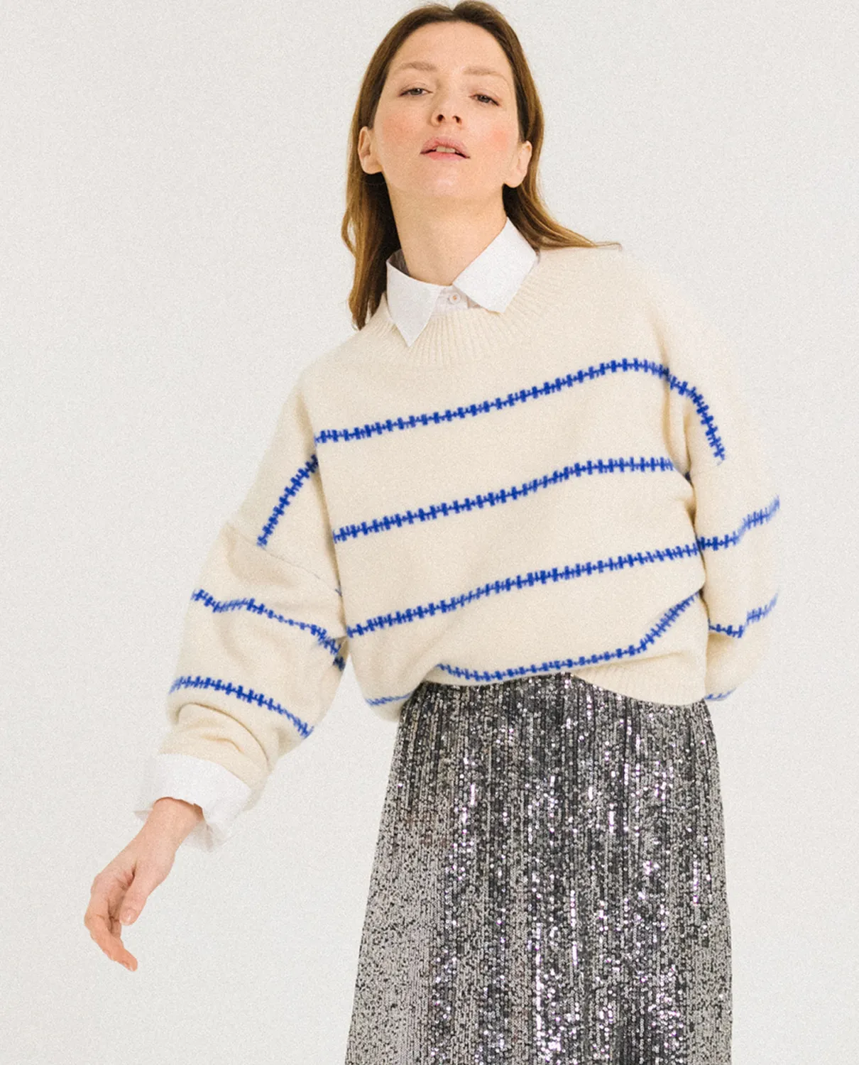 TINSELS FINLAND ECRU pull laine mérinos rayé