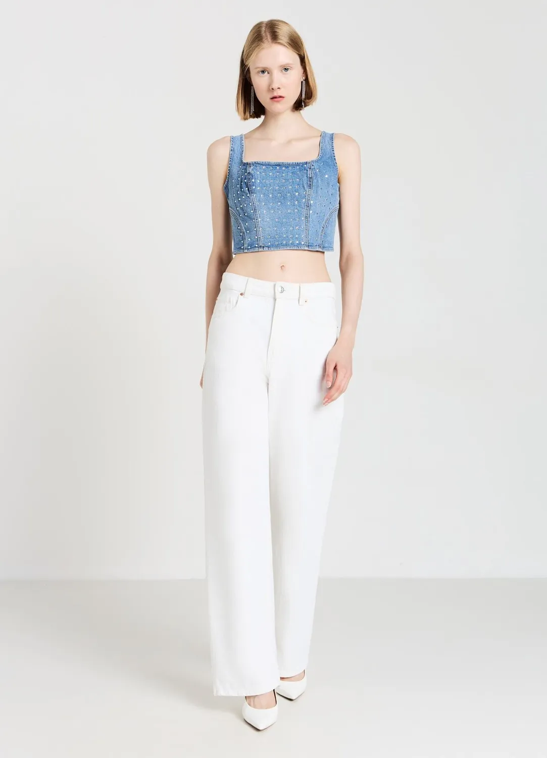 Calliope top crop denim strass bretelles larges
