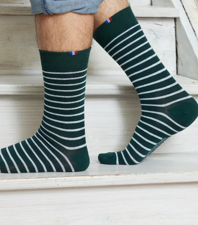Cocorico Rayées Verte chaussettes homme coton