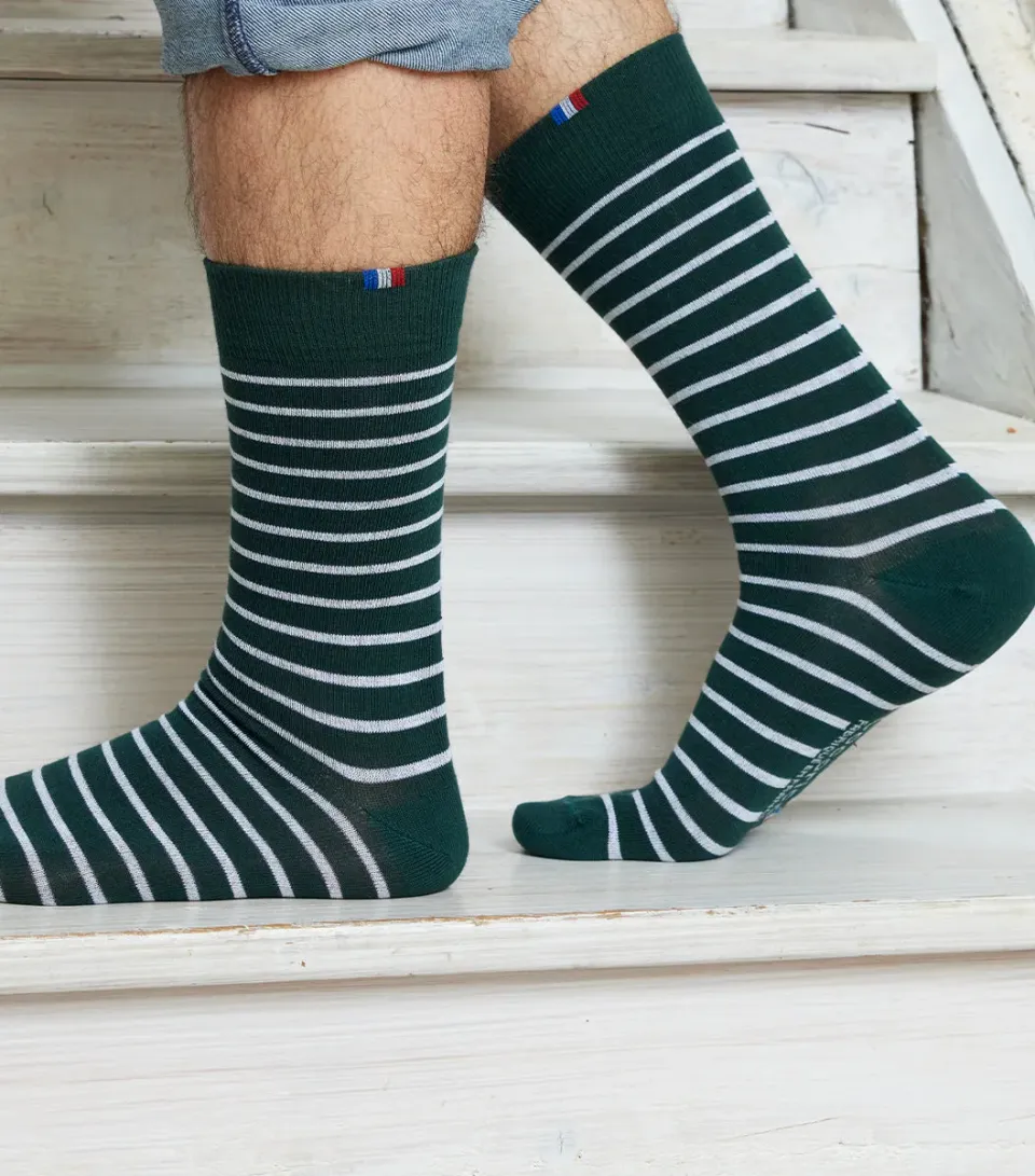 Cocorico Rayées Verte chaussettes homme coton