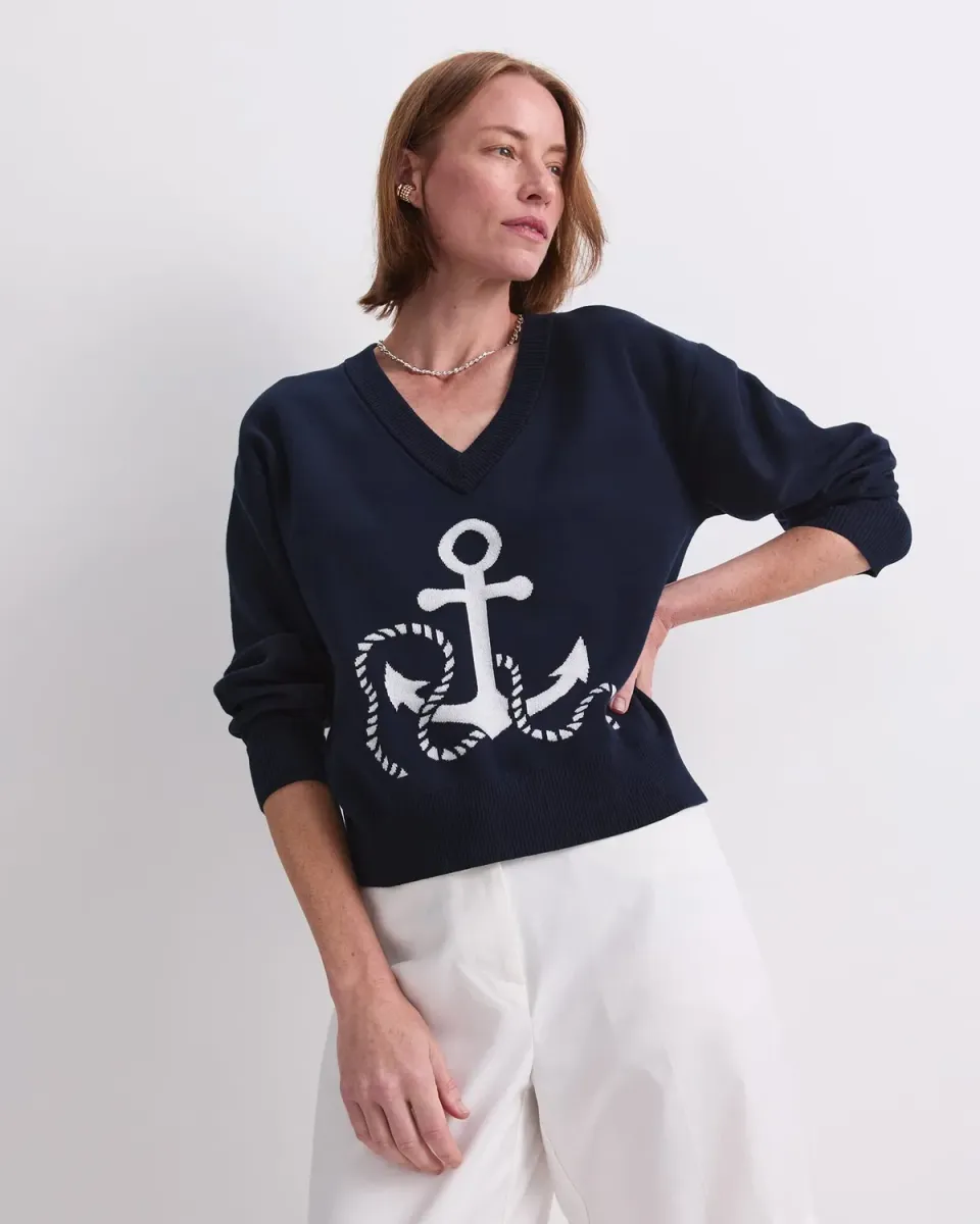 Sportscraft Anchor pull jacquard ancre coton col V