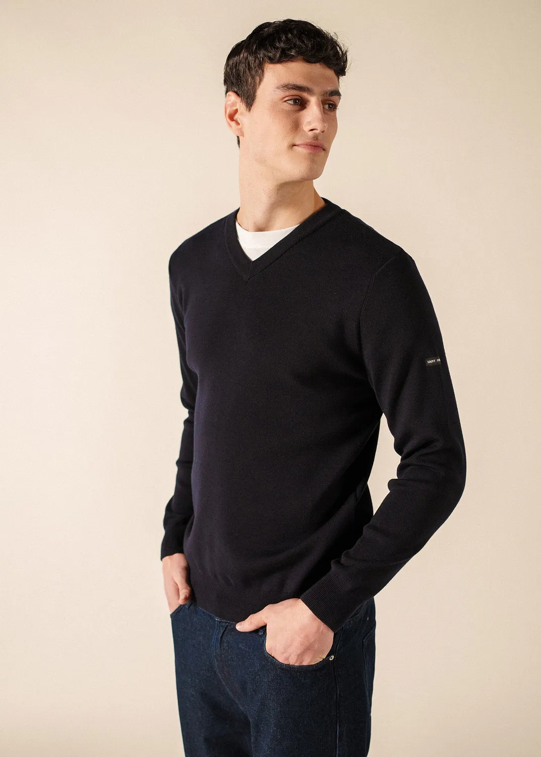 Saint James Cuirassé pull col V navy laine homme