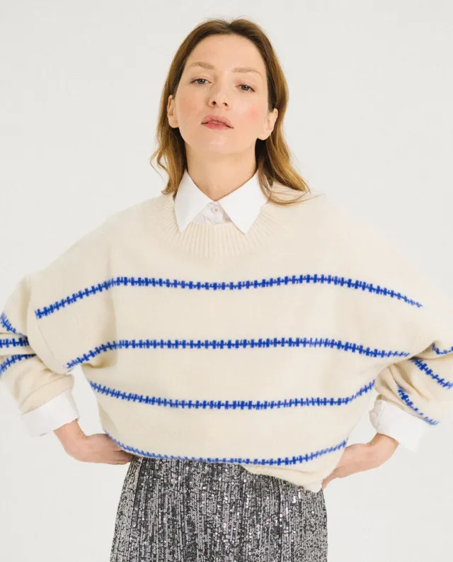 TINSELS FINLAND ECRU pull laine mérinos rayé