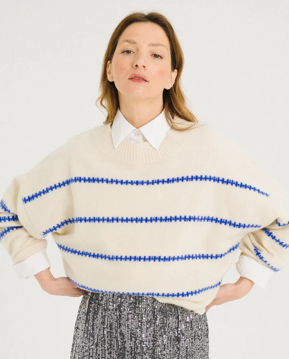 TINSELS FINLAND ECRU pull laine mérinos rayé