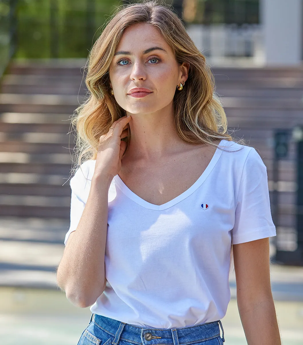 Cocorico Iconique t-shirt col V femme blanc coton