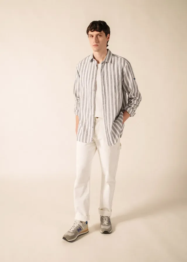 Saint James Jonas chemise rayée BLANC/AMIRAL coton lin