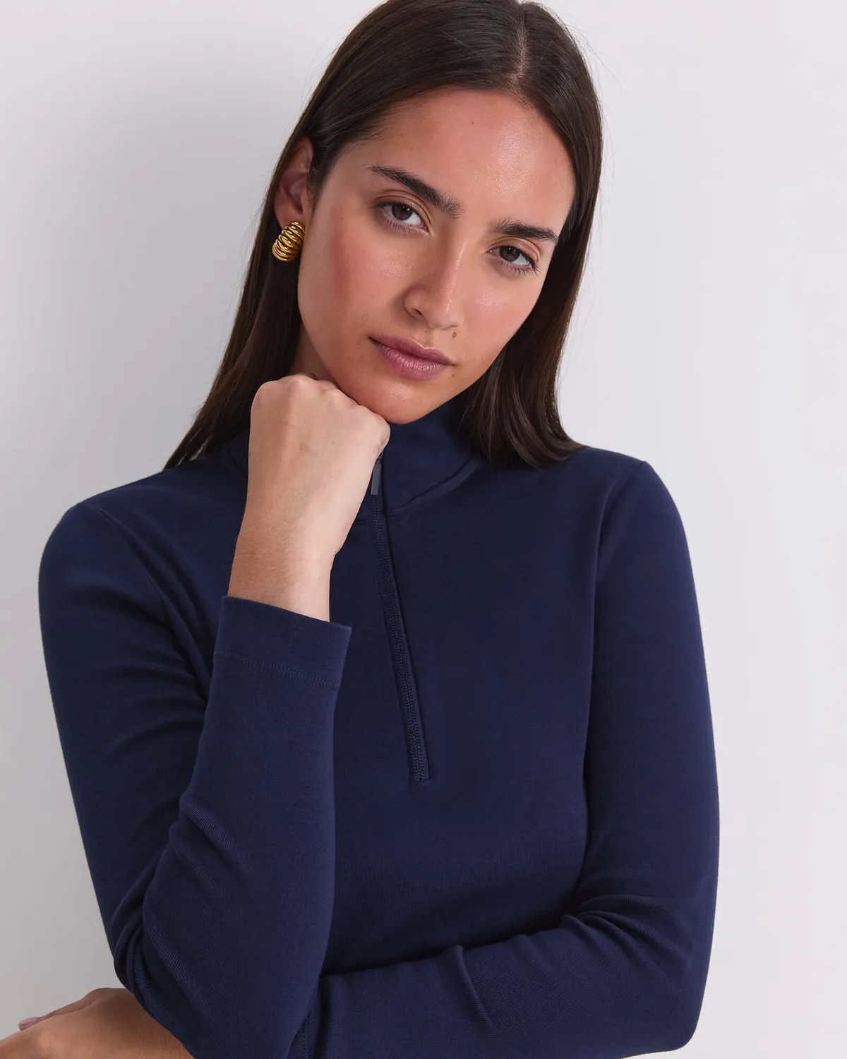 Sportscraft Lucy Zip Funnel Neck top camel coton