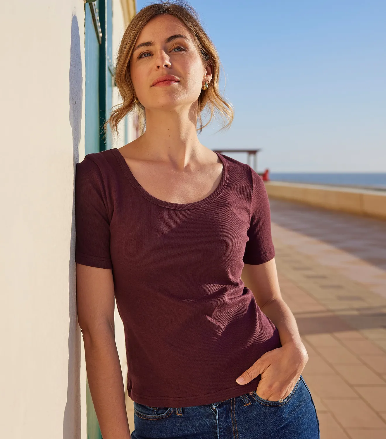 Cocorico Intemporel T-shirt Côtelé Bordeaux Femme
