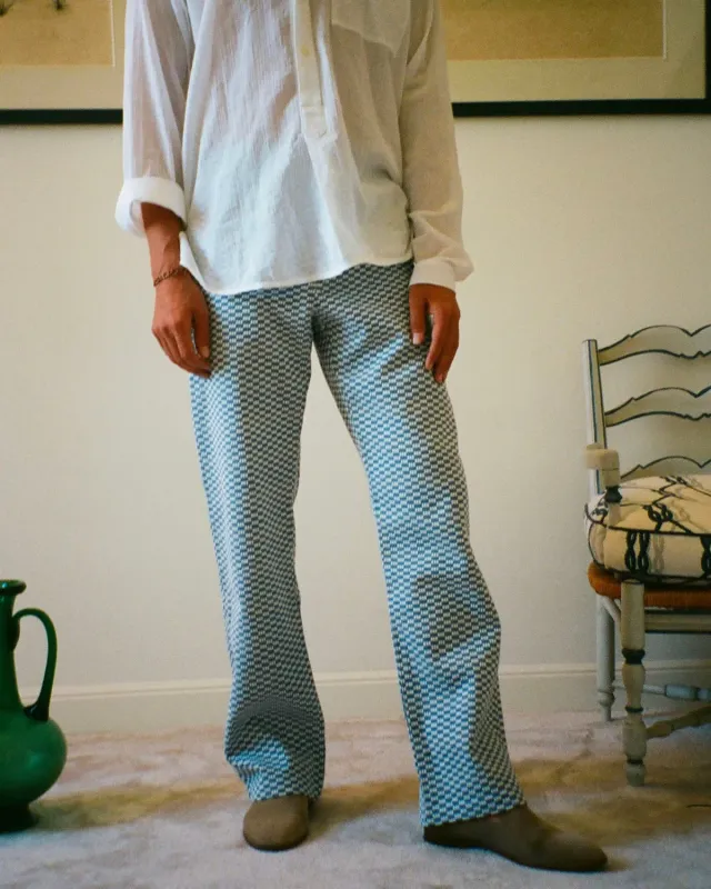 EREVAN Capon pantalon damier bleu coupe d’été