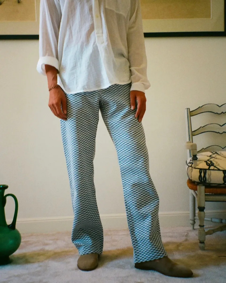 EREVAN Capon pantalon damier bleu coupe d’été