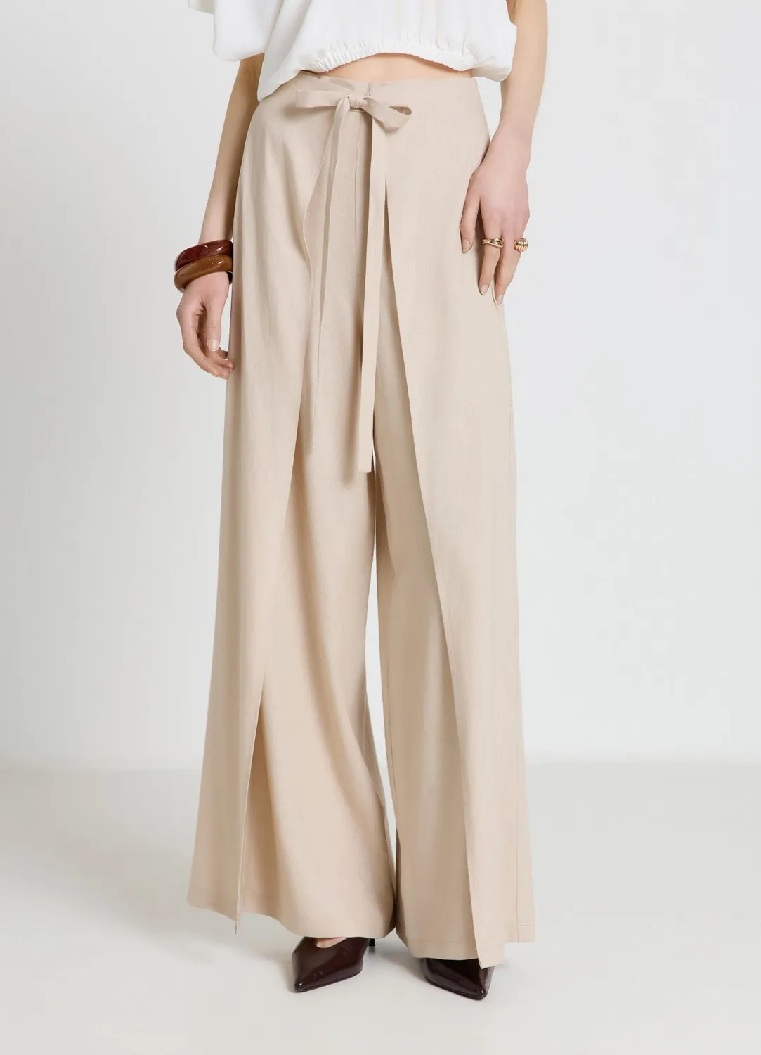 Calliope pantalon palazzo large ceinture à nouer taille haute