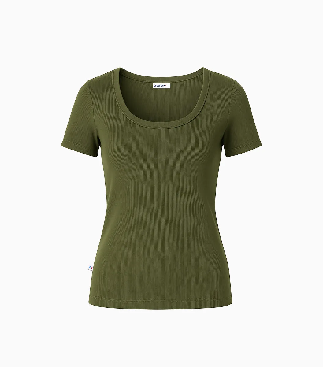 Cocorico Intemporel t-shirt femme kaki côtelé coton