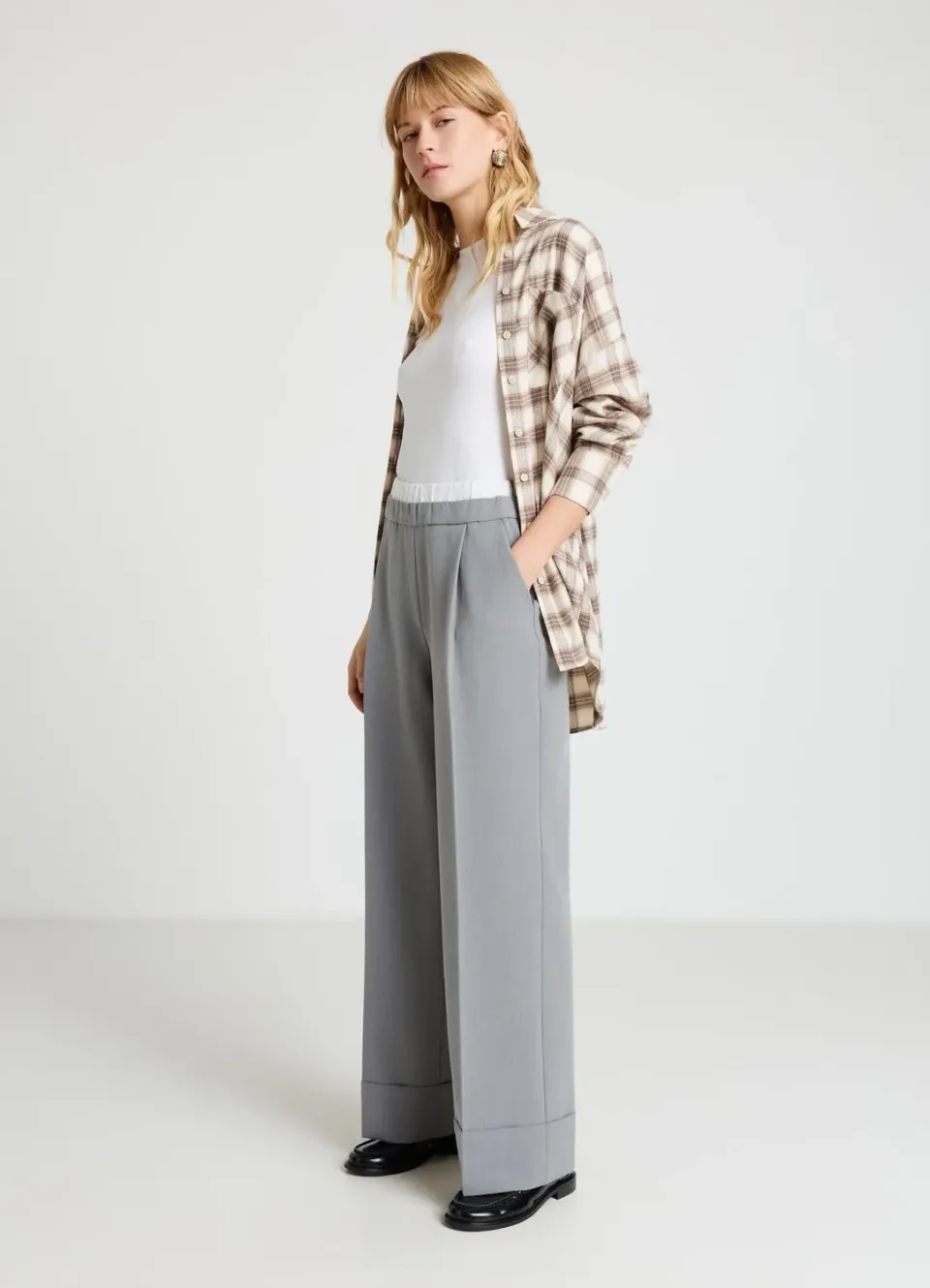 Calliope palazzo à revers pantalon large uni taille élastique