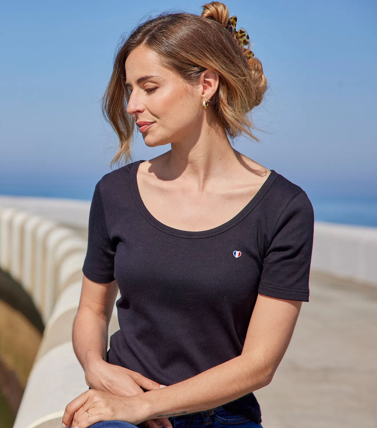 Cocorico Iconique t-shirt femme noir côtelé coton