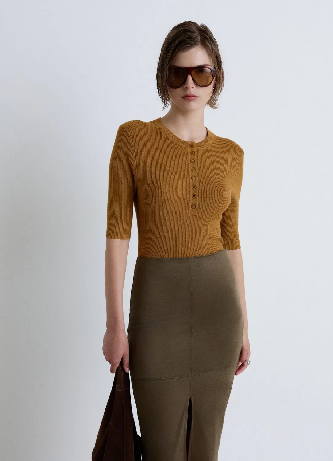 Calliope t-shirt côtelé col tunisien boutons femme