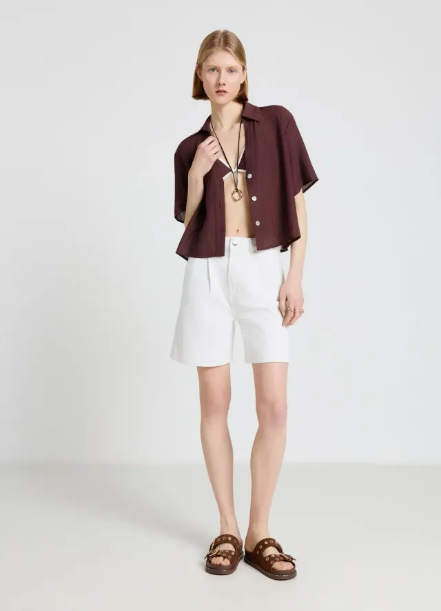 Calliope Bermuda denim shorts femme pinces taille haute