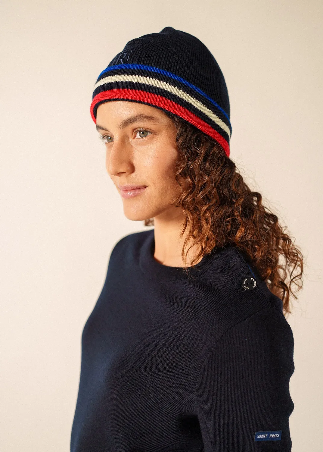 Saint James Elysée bonnet tricolore marine laine