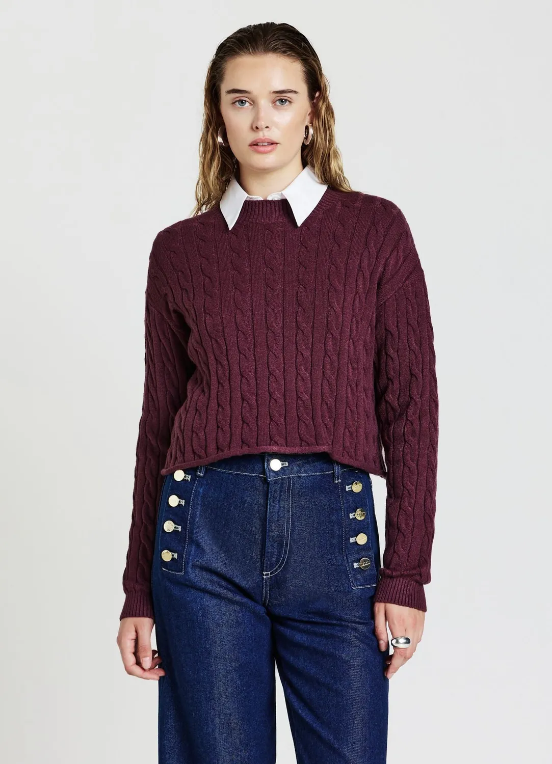 Calliope pull crop femme torsades col rond