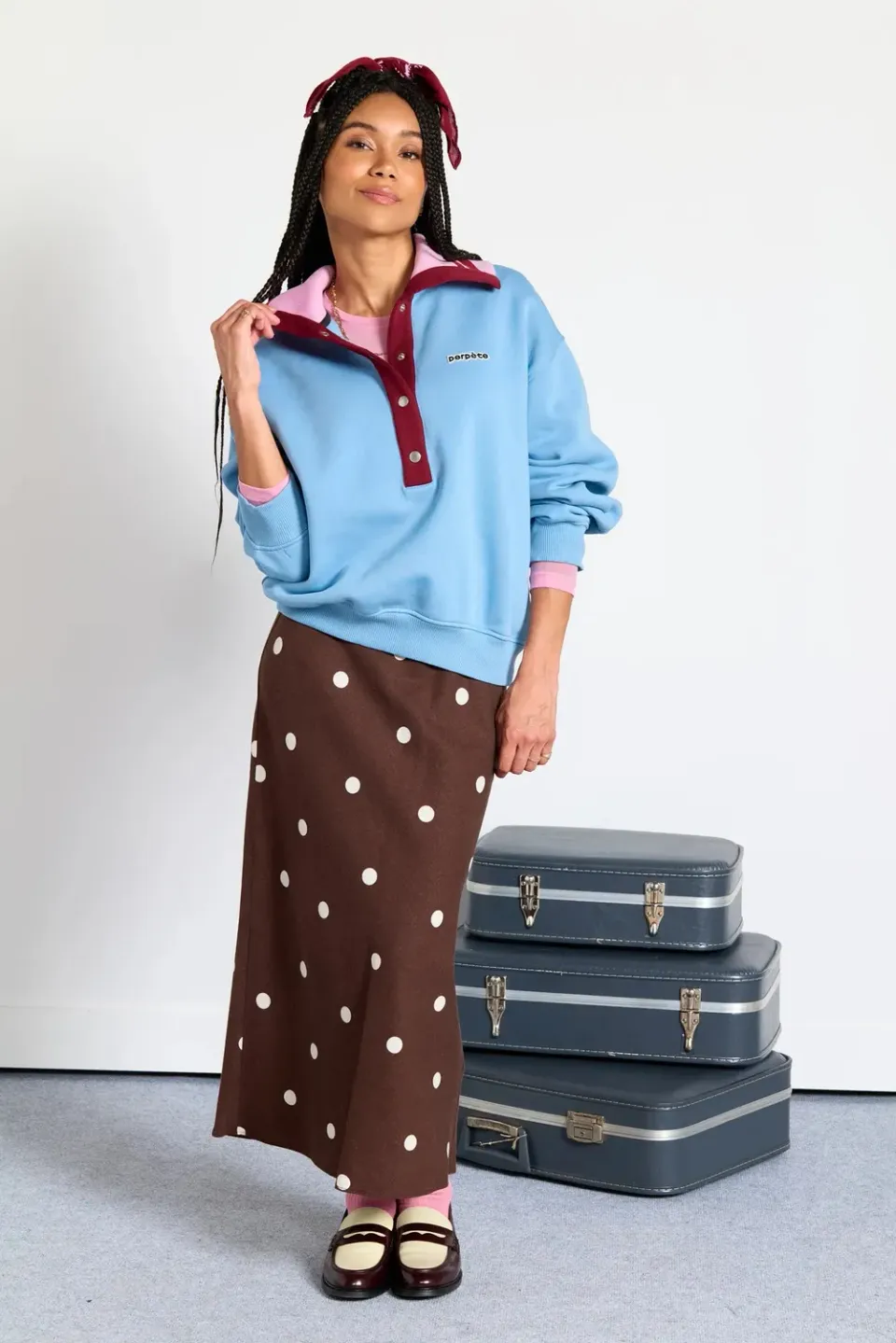 Perpète Vanessa sweat bleu col boutonné coton bio