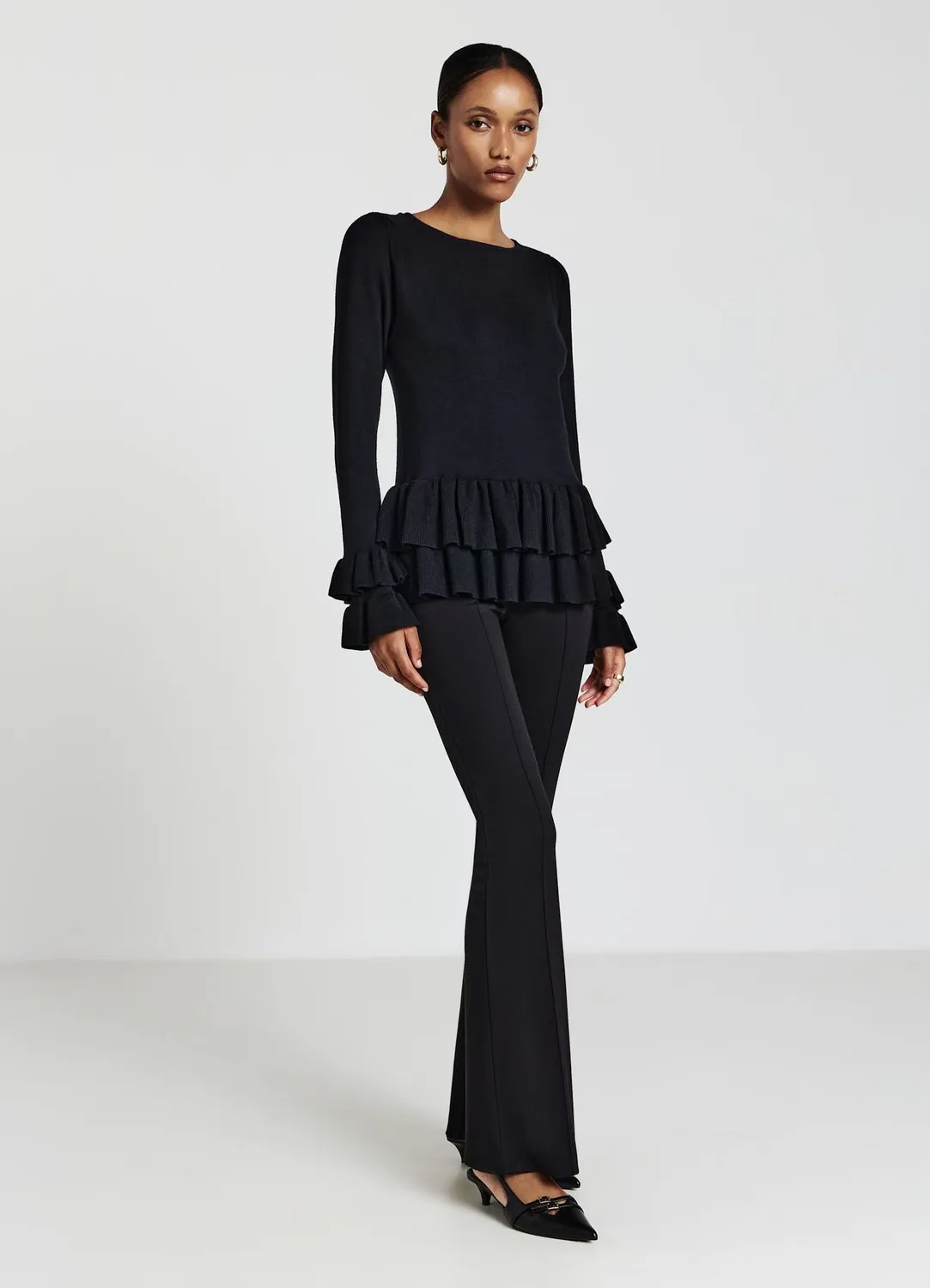 Calliope pull femme volants col rond manches longues