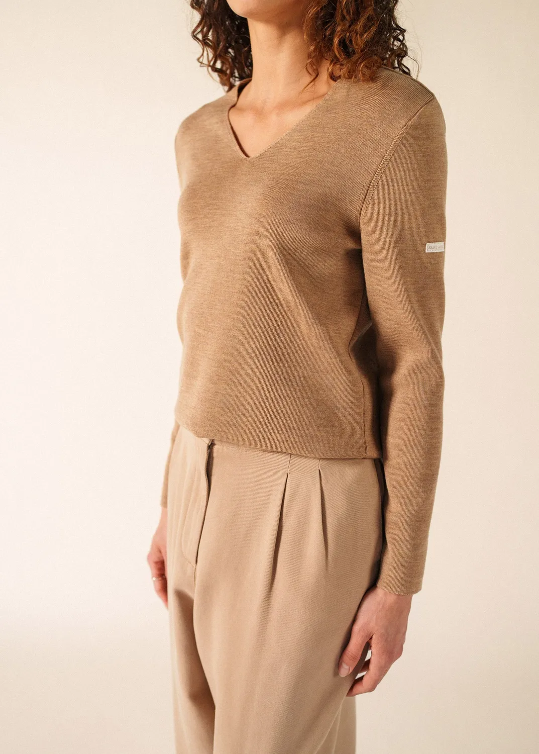 Saint James Bréhat pull col V beige foncé laine