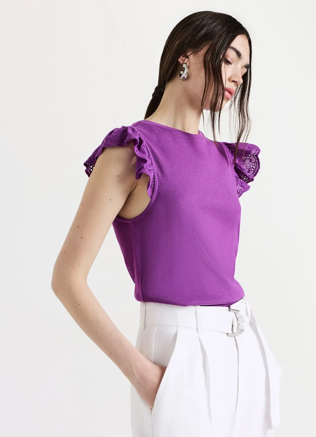 Calliope t-shirt côtelé femme volants coton