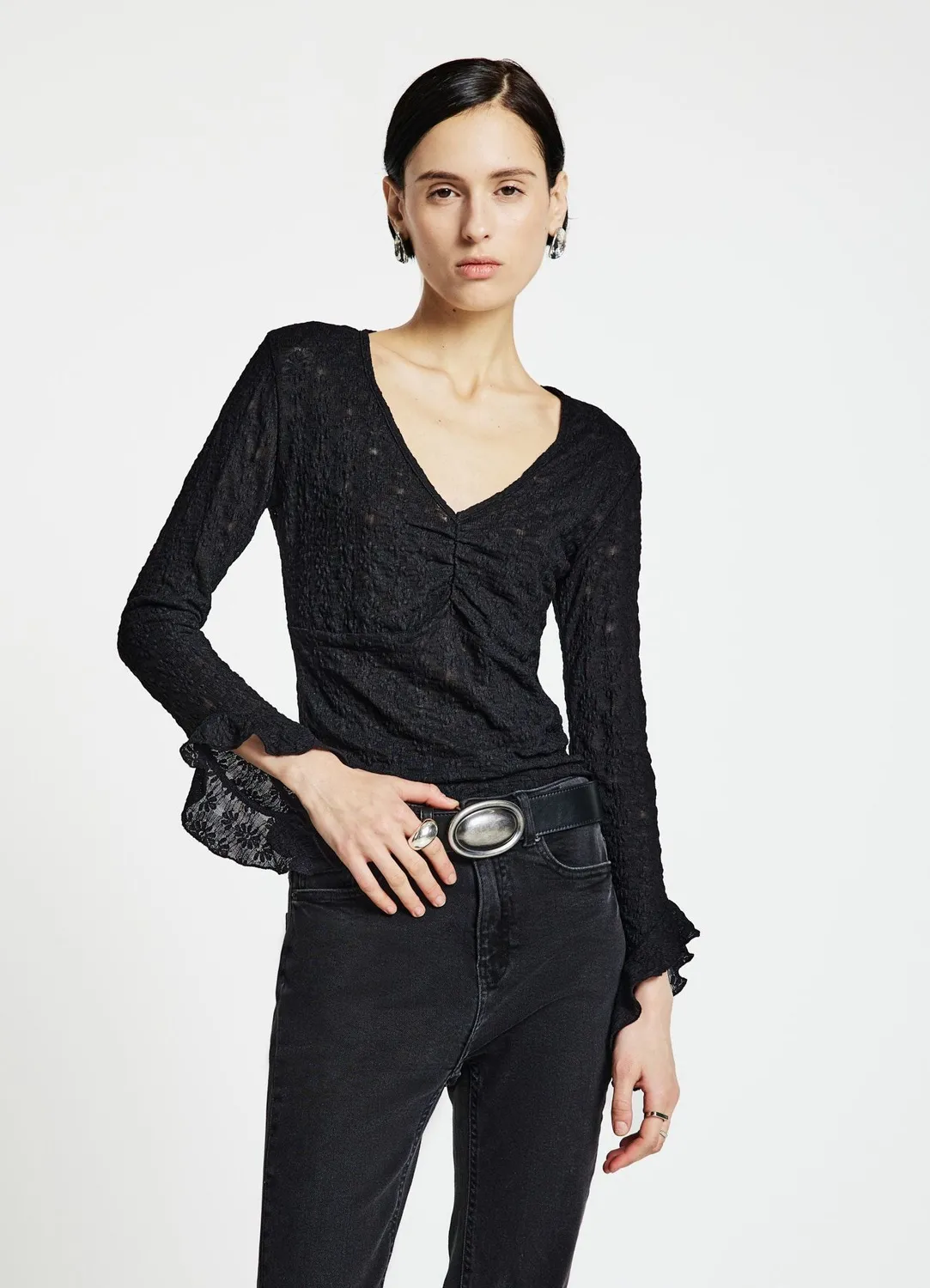 Calliope T-shirt maniche frill femme col V dentelle