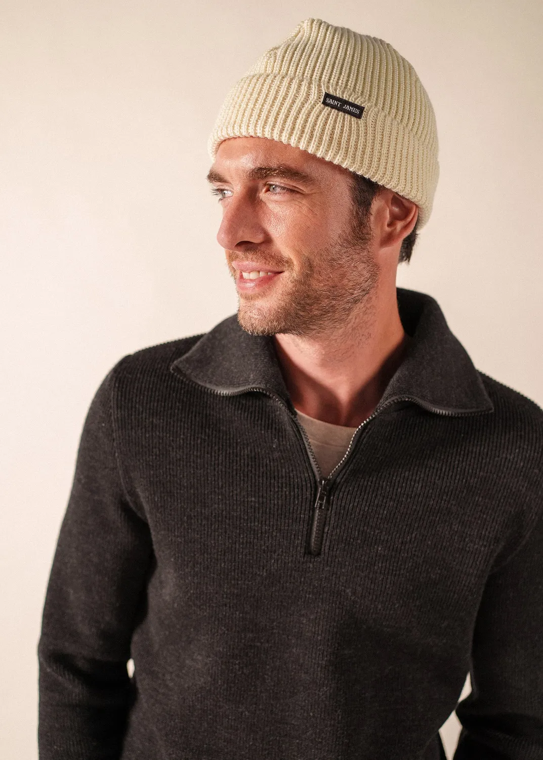 Saint James Perlé bonnet écru laine revers adulte
