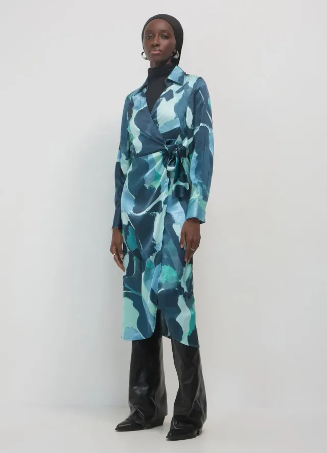 Calliope robe portefeuille femme satin imprimé longue