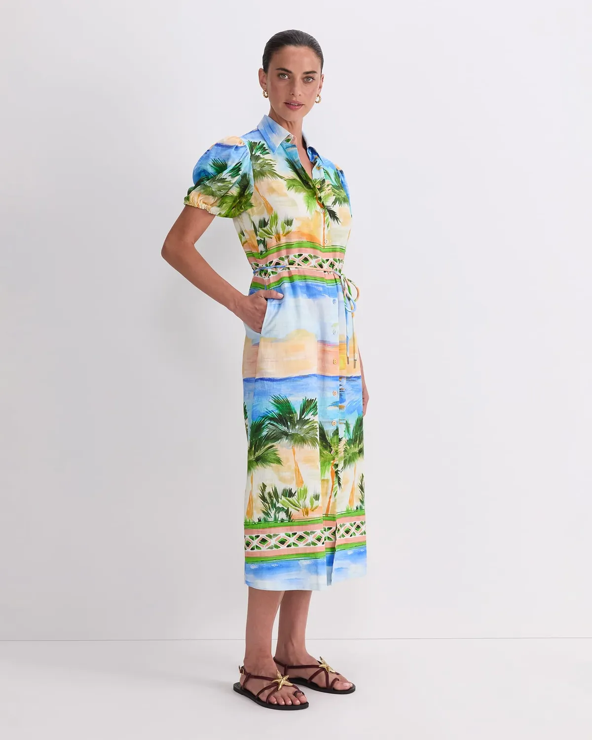 Sportscraft Sunset Palm robe lin imprimé maxi