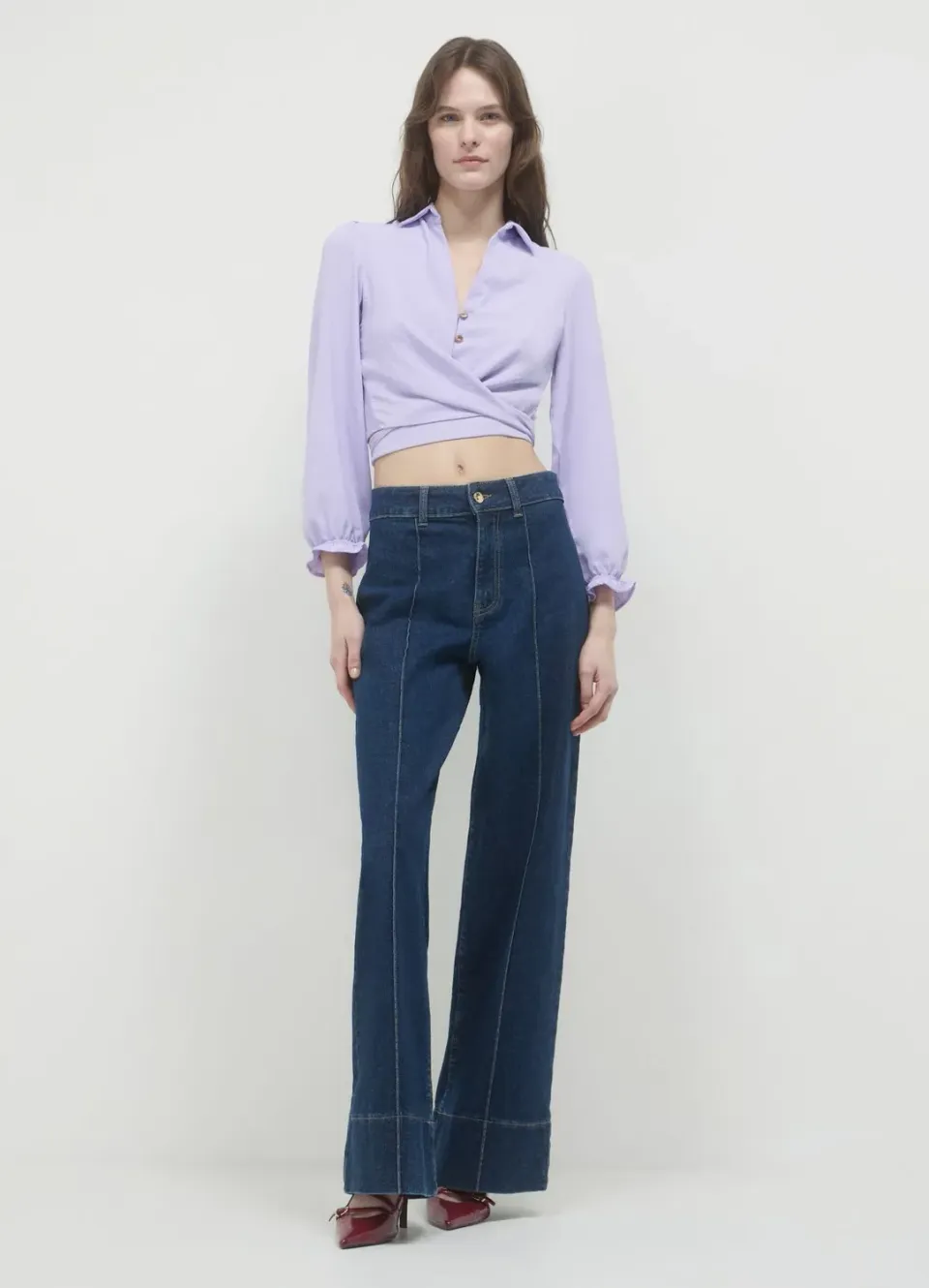 Calliope chemise crop à nœud femme manches longues