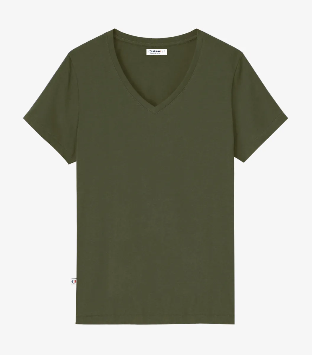 Cocorico Intemporel T-shirt Col V Femme Kaki 100% coton