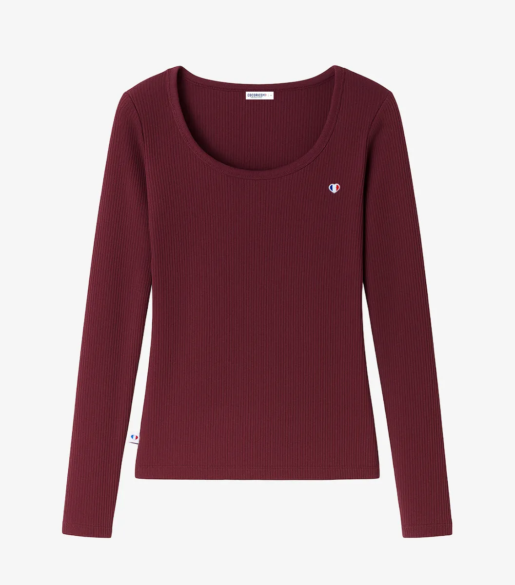 Cocorico Iconique T-shirt Femme Côtelé Bordeaux Manches Longues